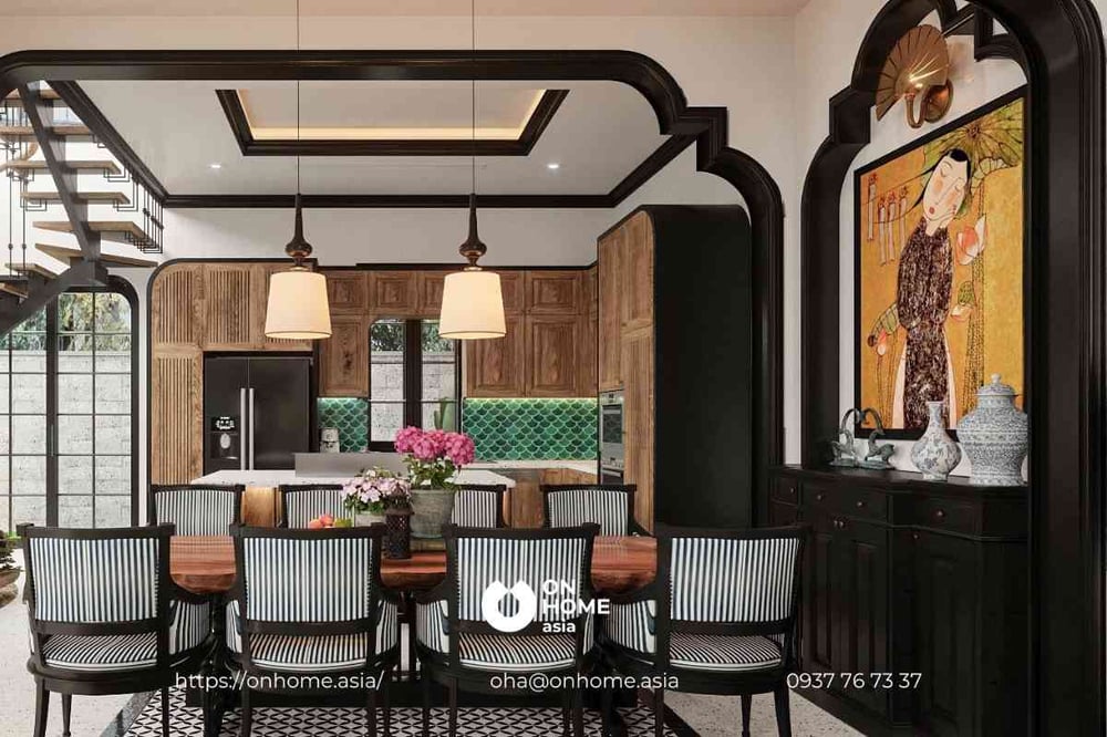 Mẫu thiết kế nội thất biệt thự song lập đậm nét Á Đông tạo điểm nhấn cho phòng bếp