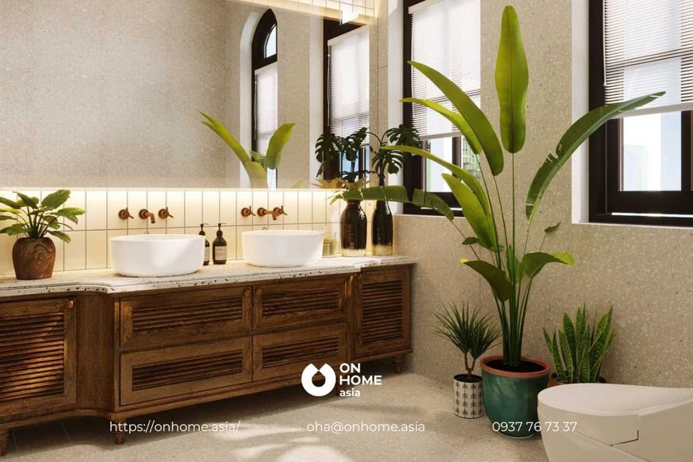 Mẫu thiết kế nội thất biệt thự song lập sang trọng, mang nét Á Đông cho phòng tắm