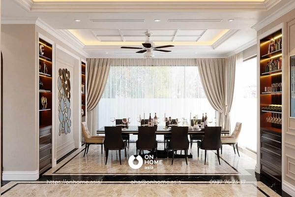 Phòng bếp của mẫu thiết kế nội thất biệt thự song lập đậm nét Á Đông thanh tao, sang trọng