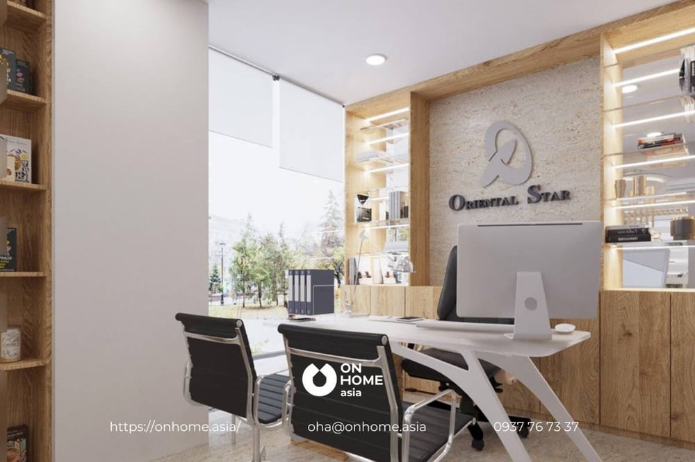 Phòng giám đốc thiết kế hiện đại tối giản và thanh lịch với nội thất gỗ tự nhiên.