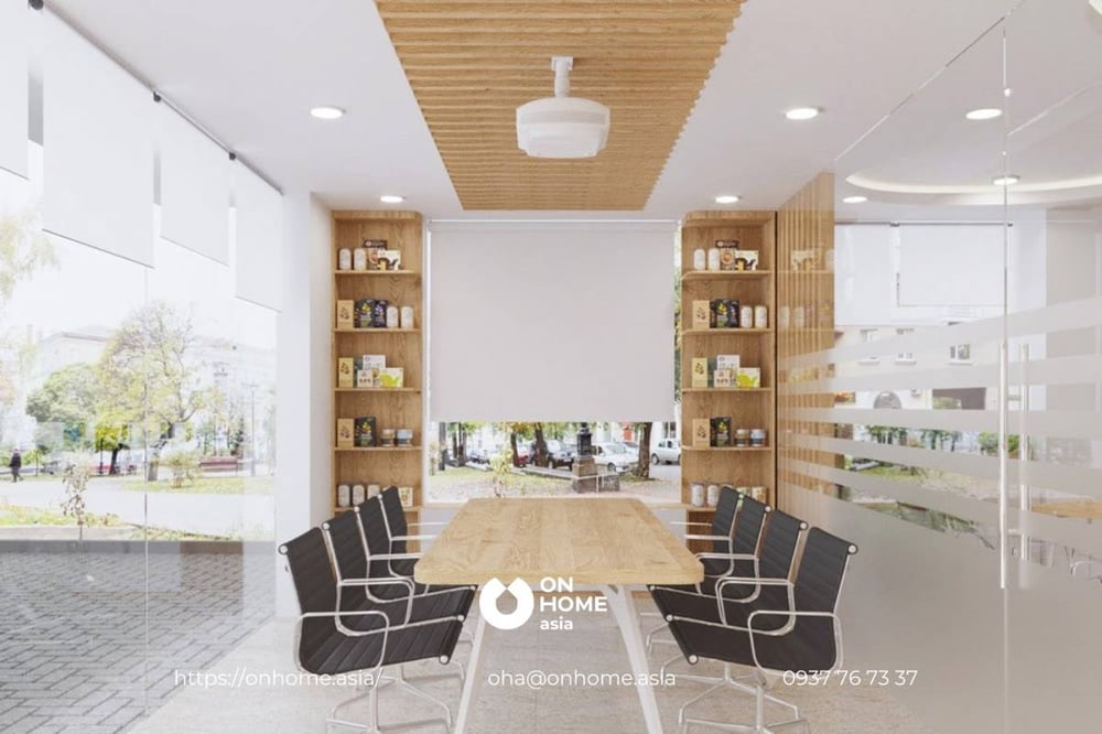 Phòng họp thiết kế hiện đại tối giản và thanh lịch với nội thất gỗ tự nhiên.
