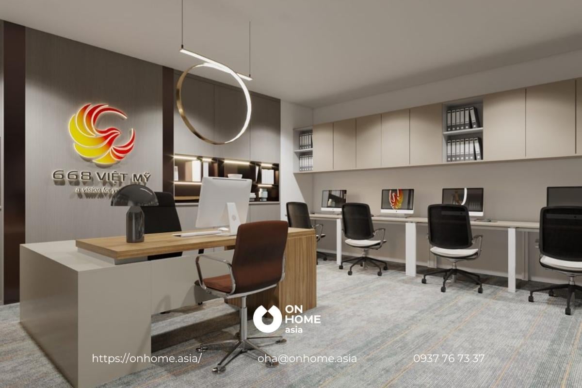 Mẫu thiết kế nội thất văn phòng hiện đại đơn giản và chuyên nghiệp.