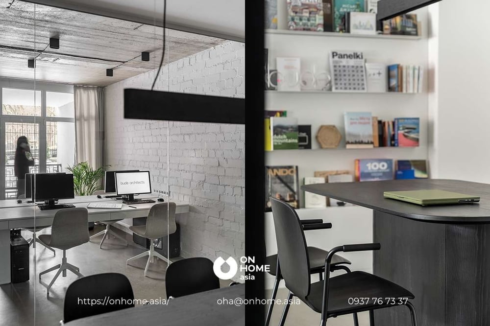 Mẫu thiết kế nội thất văn phòng hiện đại với sắc trắng chủ đạo thanh lịch.