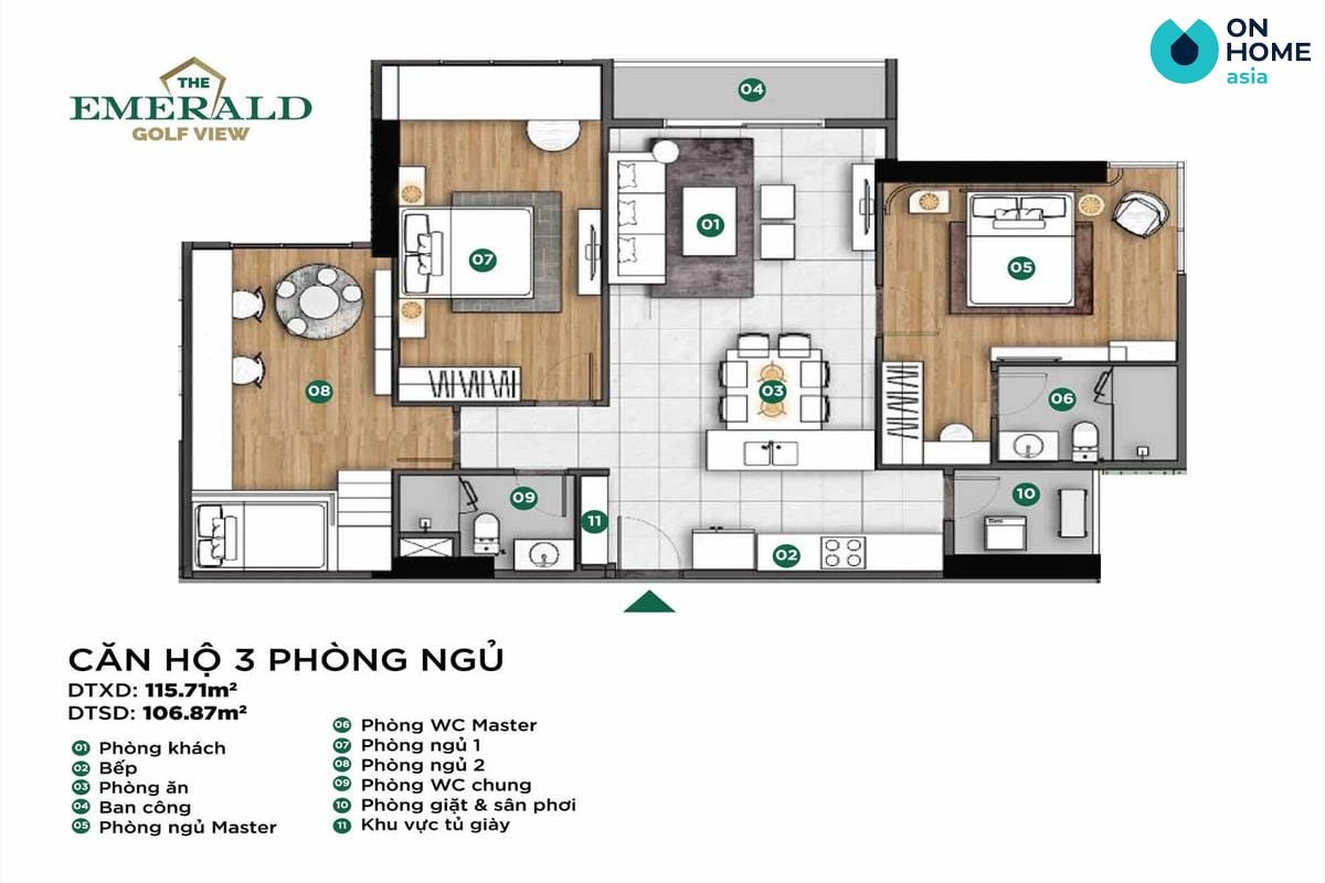 The Emerald Golf View - Mặt bằng nội thất căn hộ 3 phòng ngủ