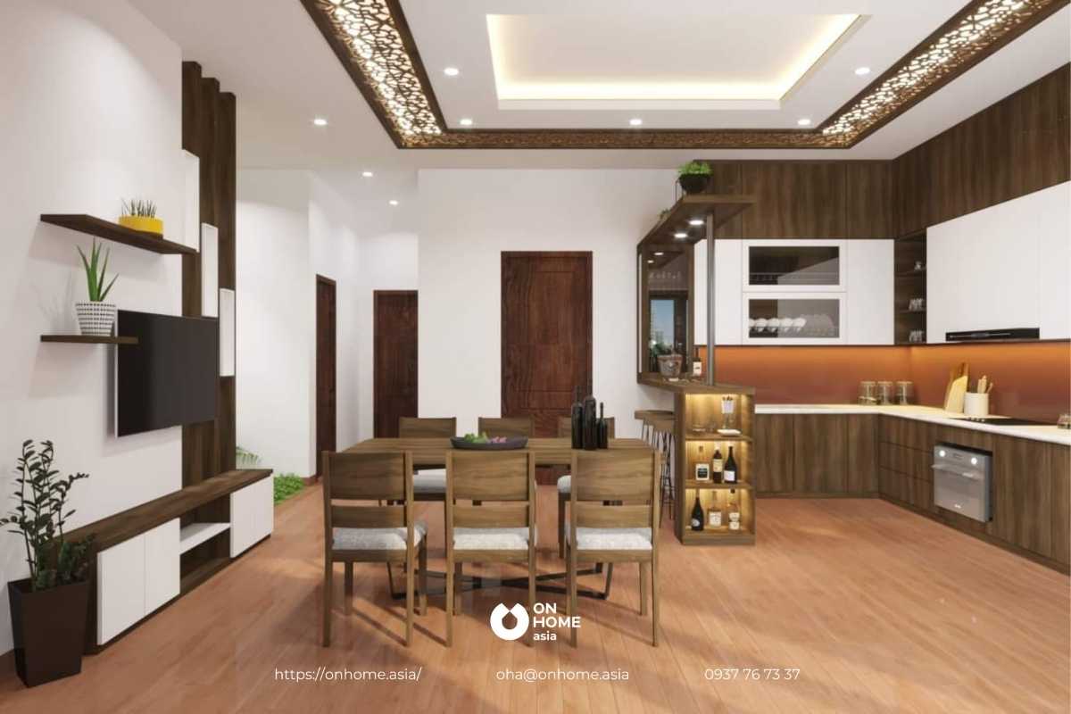 Trần thạch cao phòng bếp đẹp thiết kế giật cấp