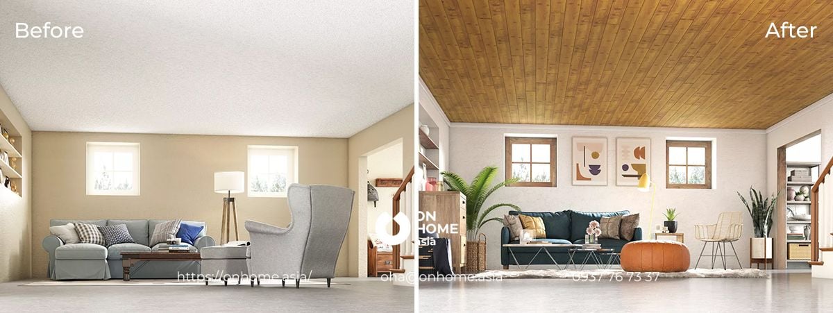 Trần nhà trước và sau khi cải tạo giúp không gian phòng khách trở nên ấm cúng hơn