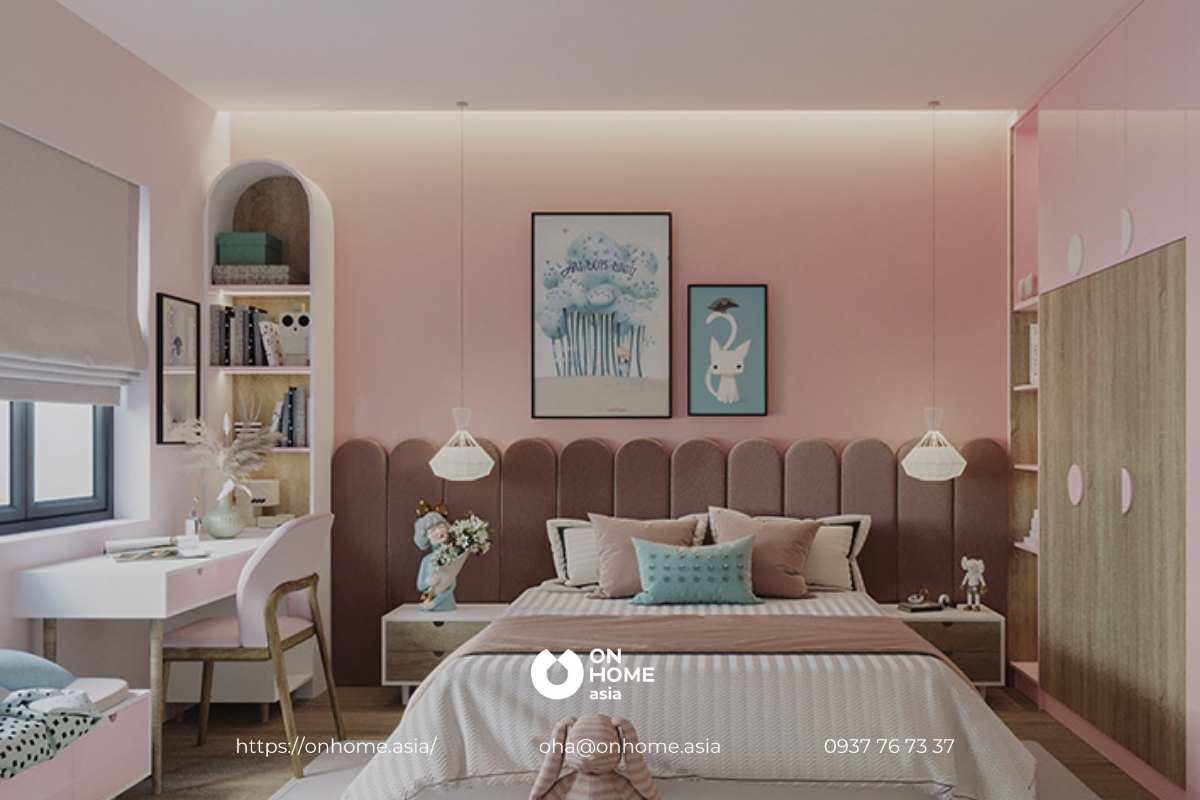Trang trí phòng ngủ bé gái với tông hồng chủ đạo