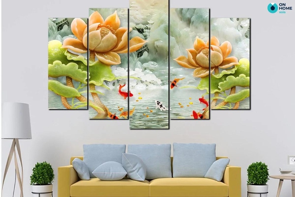 Tranh treo tường phòng khách hiện đại dạng bộ 3 tấm treo phía sau ghế sofa lớn sang trọng